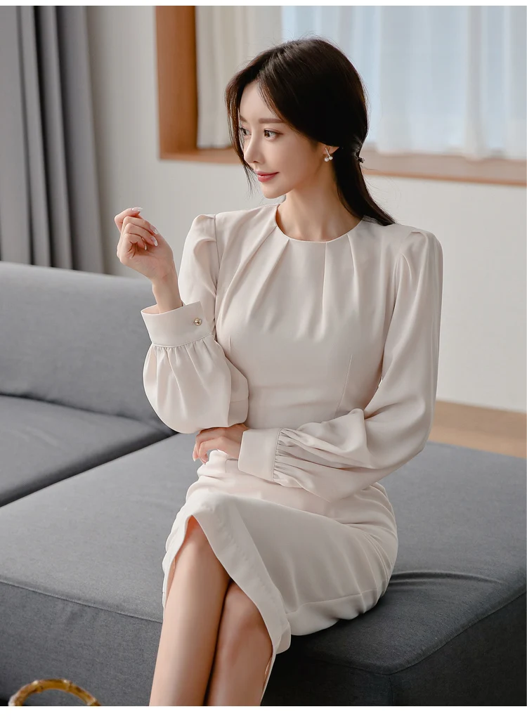 H Han queen осеннее однотонное узкое облегающее платье OL женское корейское тонкое платье с рукавами-фонариками вечерние платья vetidos