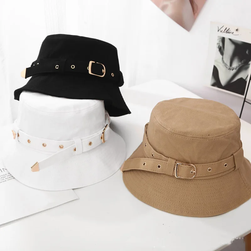 Girls Gold Buckle Belt White Bucket Hat 2020 New Cool Sun Protective Hat Women Black Camel Cotton Twill Fisherman Hat