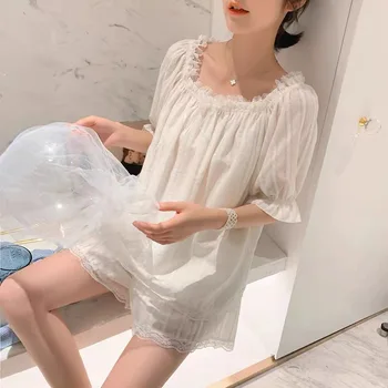 

Princess sweet lolita pajamas Women's sweet slash neck girl summer Princess pure cotton short sleeve pajamas women MHH NK04