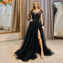Robe De bal en Tulle De glace noire, Vintage, Sexy, fendue au sol, longue, manches longues, ligne A, col rond, Robe De soirée pour femmes