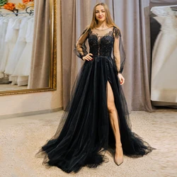 Vintage Ice Tulle Black Prom Dress Sexy Slit Floor Length Party Gown For Woman With Long Sleeve A Line Scoop Neck Robe De Soriee