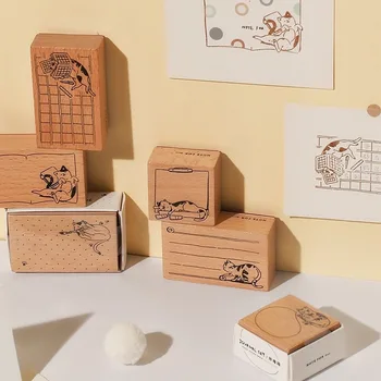 

Hello Cute Cat And Grid Wooden Stamp 40*65mm DIY Sticker Journal Diary Decoration Supplies