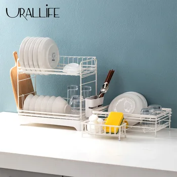 

Urallife Kitchen Storage Shelf Bowl Dish Iron Holder Clean Sponge Brush Racks Knife Spoon Cutting Board Cookware Storage Cabinet