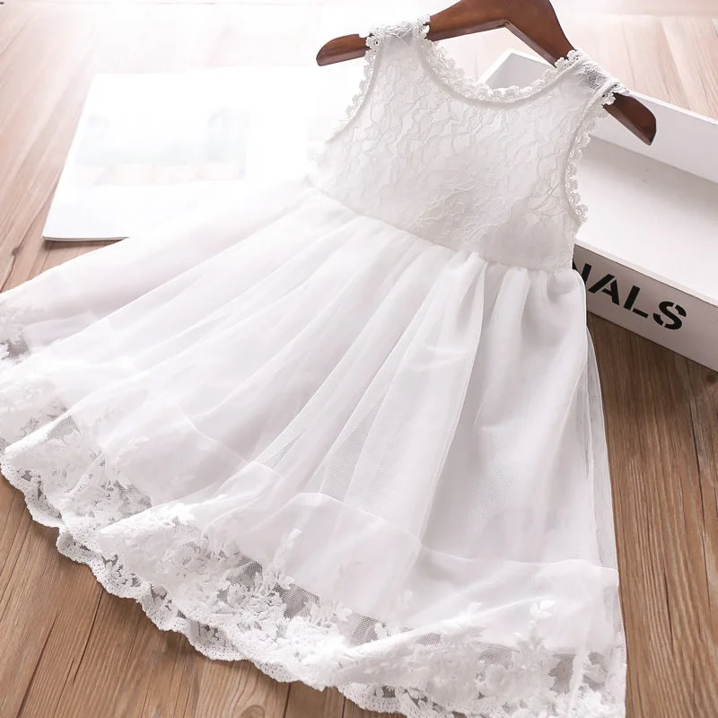 Милая Детская кружевная фатиновая одежда белого цвета без рукавов; модное милое летнее платье принцессы в западном стиле для свадебной вечеринки для девочек
