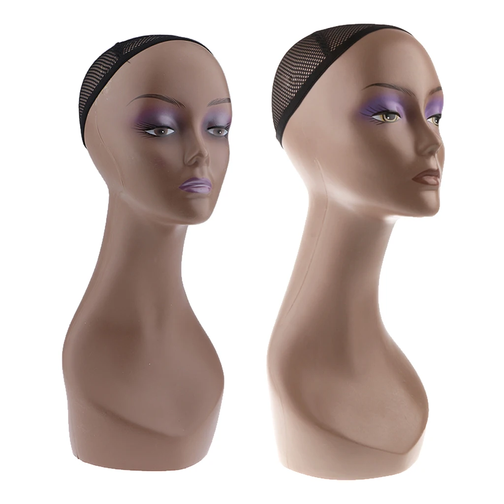 Perfeclan 2Pieces 20'' Women Makeup Mannequin Head Bust Jewelry Display Stand - Coffee and Normal Skin Colors