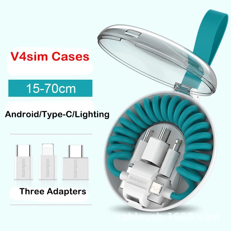 All-in-one portable spring data cable with Type-c Android Lighting Adapter Storage Box