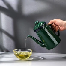 Long Mouth No Hanging Oil Pot Thickened Japanese Household Kitchen Large Capacity Green Enamel 1.1 Litre Handle with Lid