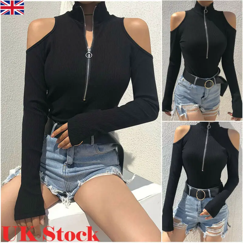 Womens High Neck Bodysuit Cold Shoulder Stretch Leotard Body Tops Jumpsuit S-2XL Womens High Neck Bodysuit Cold Shoulder Stretch Leotard Body Tops Jumpsuit S-2XL