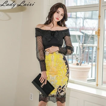 

Women's Summer OL 2 Pieces Suits Slash Neck Shirt Crop Top +Lace patchwork Print Sheath Bodycon Pencil Skirt Work Set
