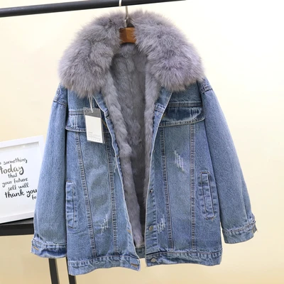 Gray fur collar Винтажная осенне-зимняя джинсовая куртка для женщин, воротник из лисьего меха, модная съемная подкладка из кроличьей шерсти, джинсовое хлопковое пальто, свободное теплое пальто - Цвет: Gray fur collar