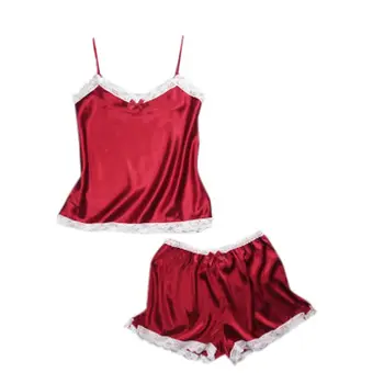 

Womens Faux Silk Sleepwear Scalloped Lace Trim Cami Top Shorts Pajama Sets Solid X3UE