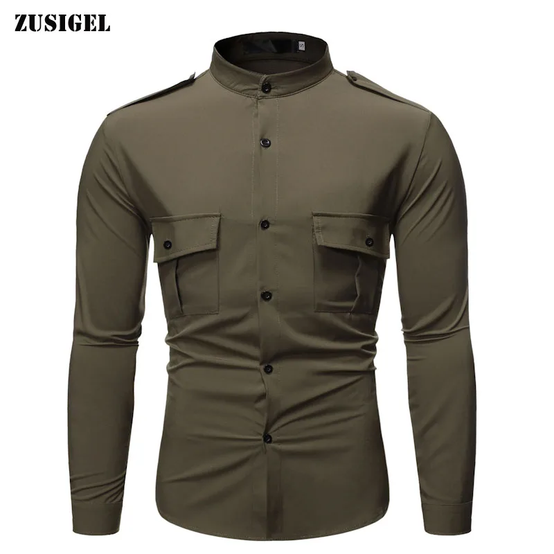 

ZUSIGEL Men Long Sleeve Shirt with Double Pockets Solid Square Collar Mens Shirt Casual Slim Fit Single Breasted Cargo Shirt