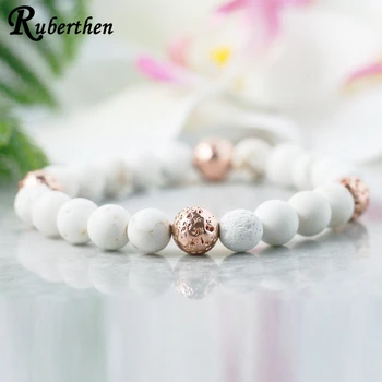 

Ruberthen 8 mm White Lava Tuquoise Bracelet Essential Oil Diffuser Bracelet Rose Gold Color Lava Yoga Wrist Mala Bracelet