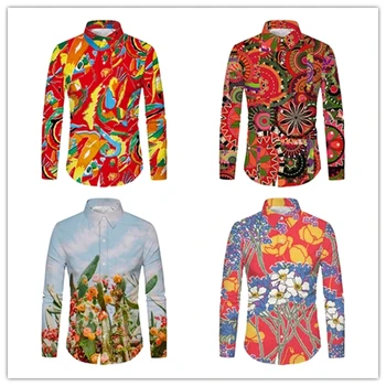 

Mens Autumn Fashion Foral Graffiti Print Shirt Casual Long Sleeve Beach Top Loose Casual Blouse Free Ship рубашка мужская Z4