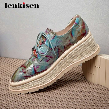 

Lenkisen leisure real leather mixed colors straw platform sewing square toe thick high heel lace up totem maiden women pumps L82