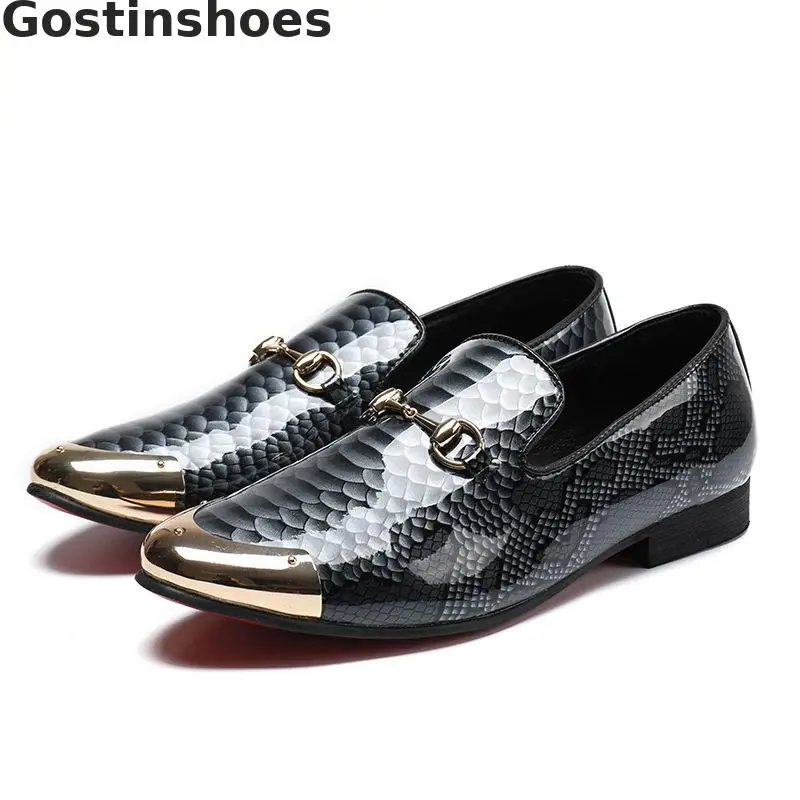 

Men Loafers Black Genuine Leather Snakeskin Printed Slip-on Metal Capped Toe Casual Leather Shoes Fashionable Comfortable