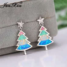 Уникальные серьги-гвоздики с рождественской елкой для девочек, 925, серебристые, мистическое Радужное, огненный опал, милые серьги со звездами для женщин, свадебные украшения