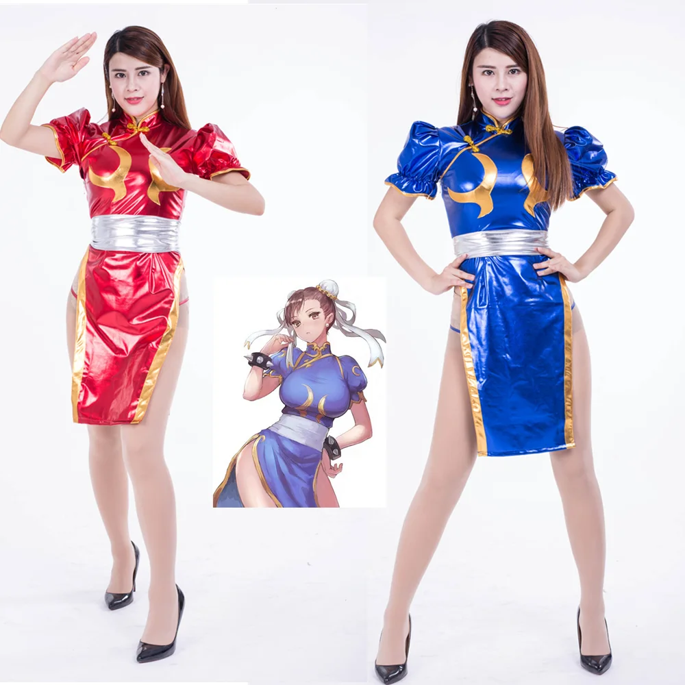 

Chun Li Kung Fu Uniform Cosplay Costume Adult Blue Cheongsam Halloween Party Dress Women girl Chun Li Patent Leather Outfit