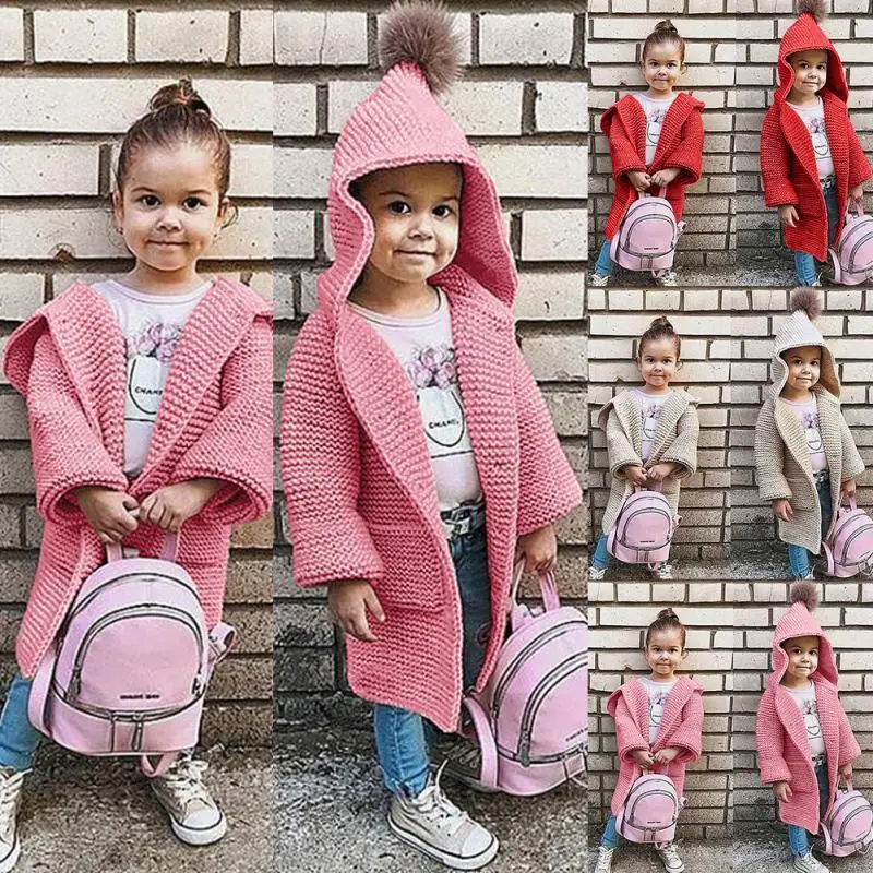 Вязаный свитер для маленьких девочек; пальто-кардиган с капюшоном; вязаная куртка для малышей; длинный теплый детский вязанный кардиган; Детский свитер; пальто