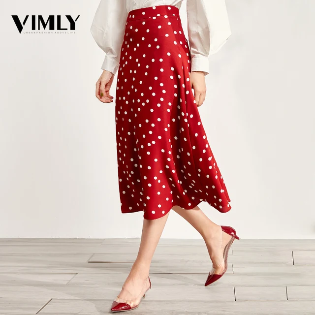 US $18.87 Vimly Vintage Polka Dot Print Skirt For Women Office Ladies Midi Chiffon Skirt Sweet A Line Street 