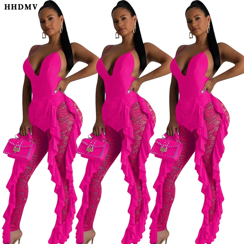 HHDMV GYD18113 sexy high street style jumpsuits sleeveless cross condole belt lace ruffles hollow out jumpsuits long pants