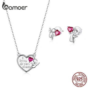 

bamoer GUS196 Guardian Mom's Love Angel 925 Silver Set Women Gift Chain Necklace & Stud Earrings Fine Jewelry Mother's Day Gift