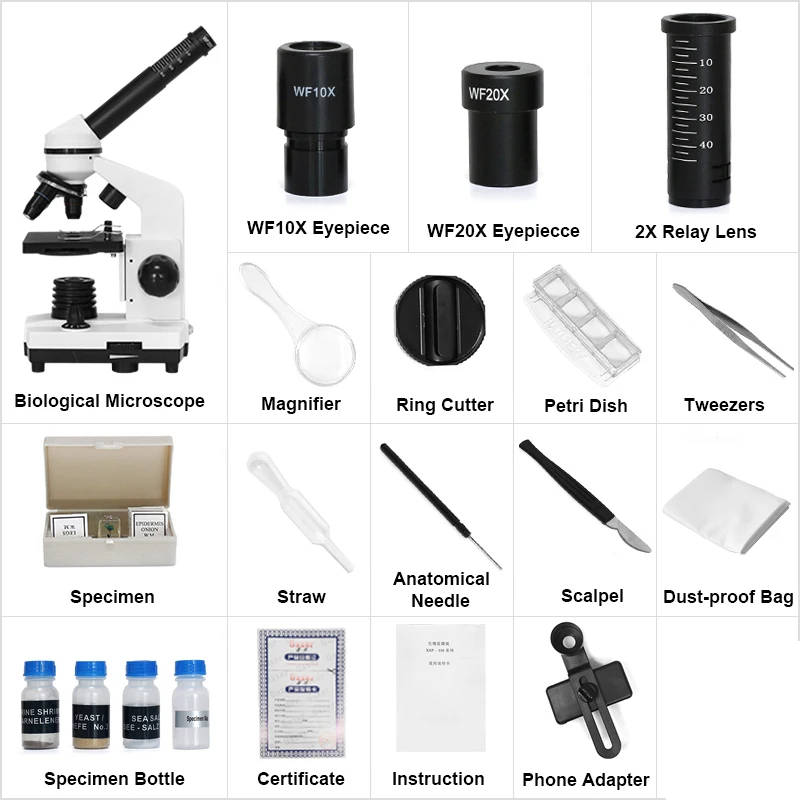 Professional Biological Microscope Compound Monocular Student Microscope LED School Laboratory with Smartphone Adapter 40X-1600X