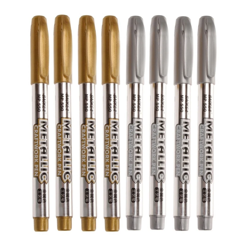 8 unids/set Metal marcadores para tela plumas pintura permanente DIY metálico marcador plumas Sharpie Color oro y plata pluma para artesanía suministros de arte