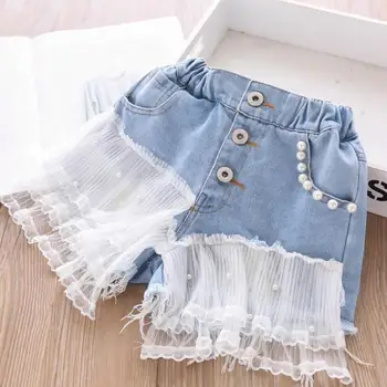 

3T-10T Wholesale Children denim shorts summer new kids holes mesh stitching beading hot pants korean jeans shorts for girls L243