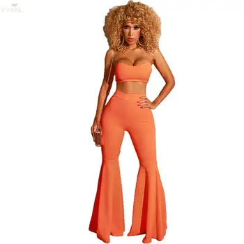 

Korean Style 2 Piece Set Women Sleeveless Wrapped Chest Lace Short Slim Tee And Flare Pants Set Suit Bell Bottom Pants Women Set