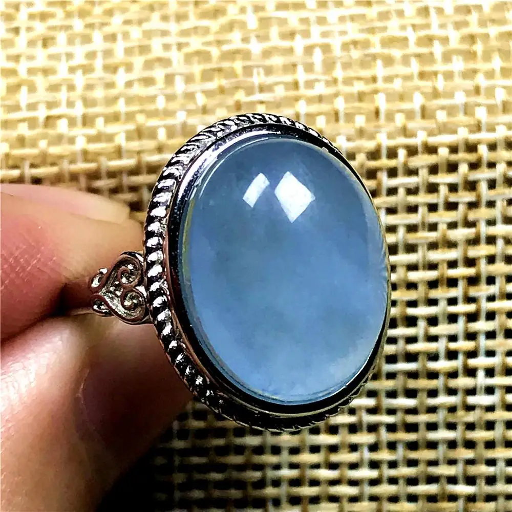 

Natural Blue Aquamarine Beads Ring For Clear Crystal Woman Man Silver 16x13mm Beads Ocean Gemstone Adjustable Ring Jewelry AAAAA