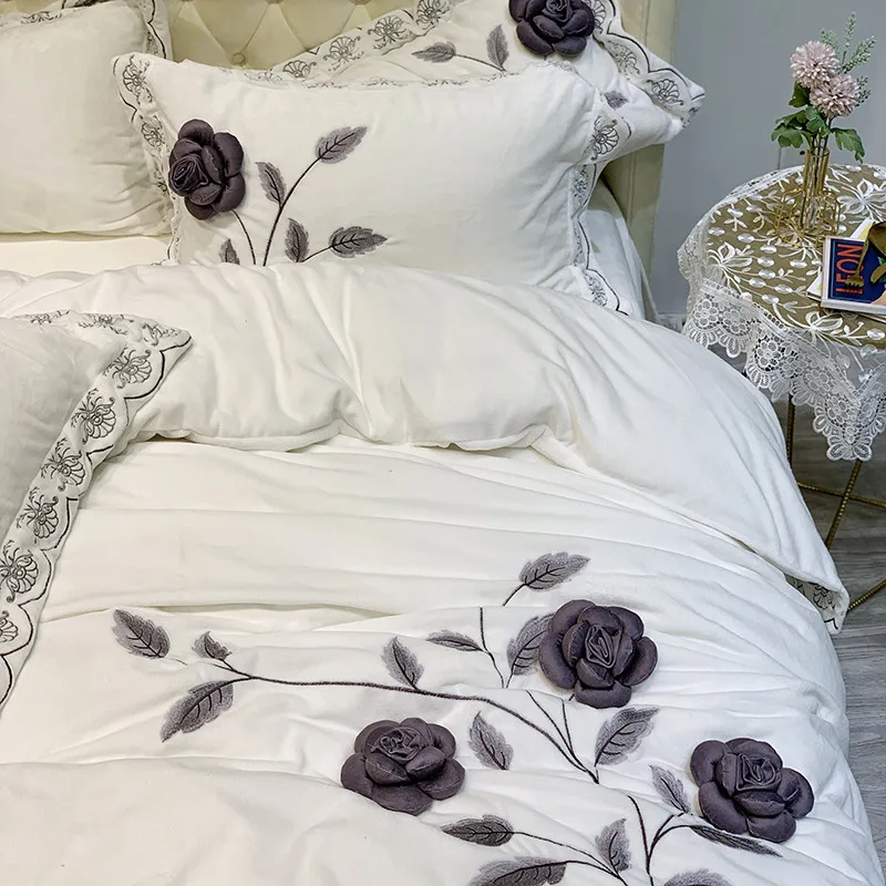 Фиолетовый, серый, синий, белый, коричневый зимний флис ткань цветы вышивка постельное белье набор фланель бархат пододеяльник простыня наволочка