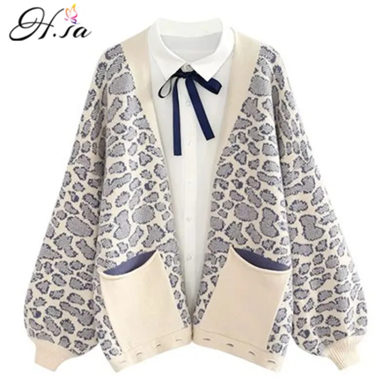 Женский вязаный свитер H.SA свободный однобортный Кардиган с рукавами-фонариками