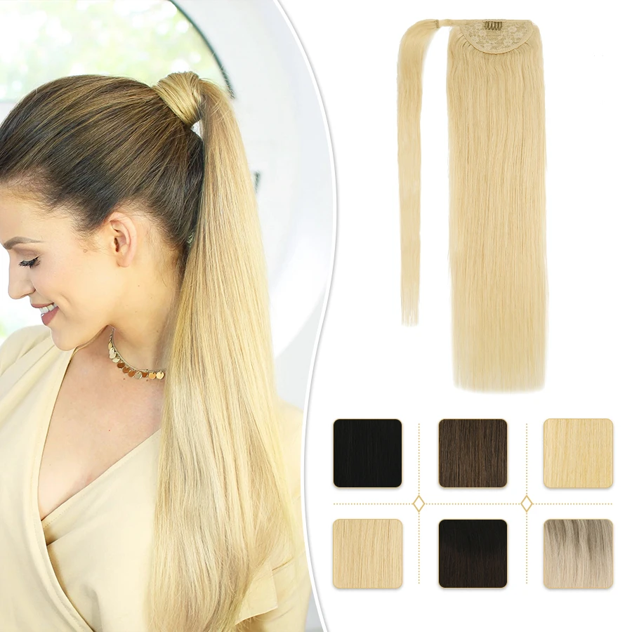 Neitsi Long Straight Wrap Around Ponytail Clip in Human Hair Extension 12-24 Inch Blonde Pony Tail Hairpieces for Women | Шиньоны и