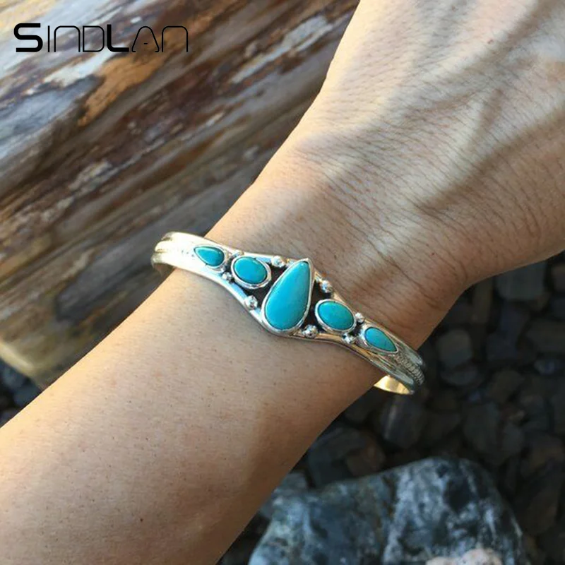 

Sindlan Vintage Silver Bangles for Women Blue Natural Stone Charm Cuff Open Bracelet Adjustable European Wrist Chain Jewelry