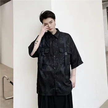 

Male Loose Streetwear Hip Hop Shorts Men Summer New Dark Dragon Embroidery Double Pocket Casual Short Sleeve Shirts