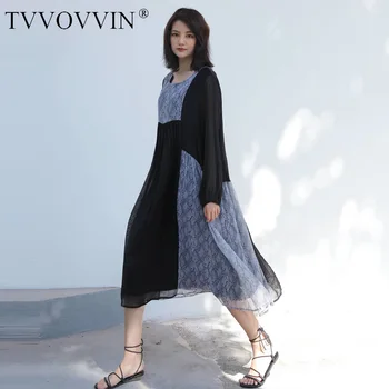 

Korea 2020 Spring fashion new large size loose dress asymmetric stitching chiffon round neck lantern sleeve trend cloth PC895