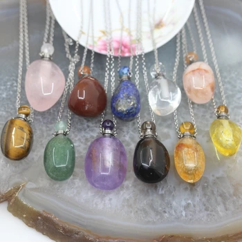 

Plated Silvers Chains Smooth Nugget Natural Gems stone Perfume Bottle Pendants,Crystal Quartz Essential Oil Diffuser Vial Charms