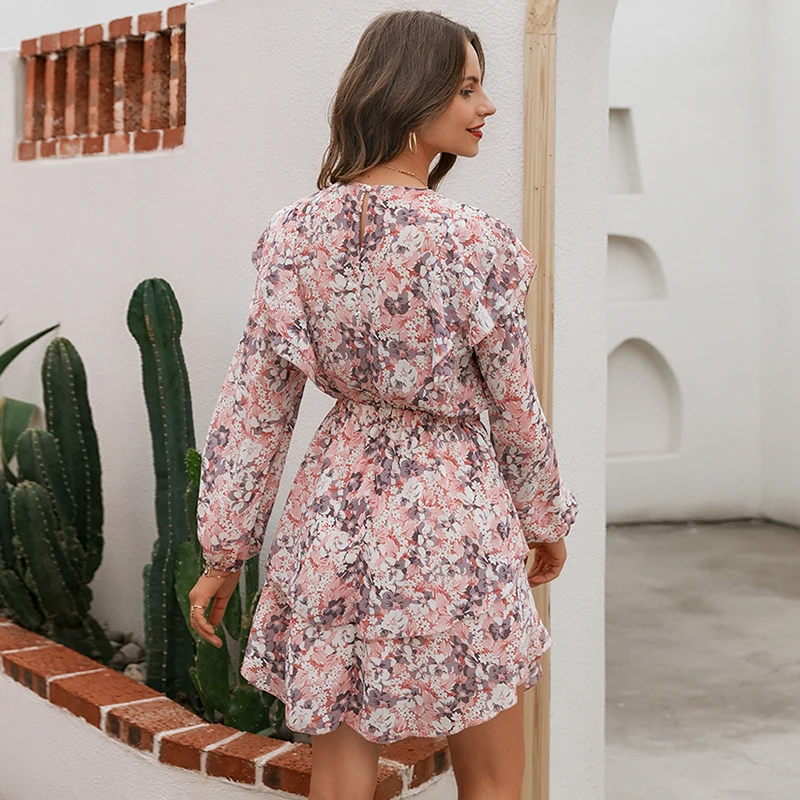 Simplee women floral print dress Elegant puff sleeve a-line chiffon sash dress High waist work wear office lady pink dress 2020