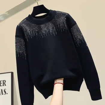 

Women Loose Bf Style Hoodies Space Cotton Diamond Long Sleeve Warm Thick Coat Female Fall Winter Black Sweatshirt Basic Pullover