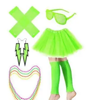 Костюмы для косплея 80 s, набор костюмов включает в себя ажурные перчатки пачка юбка гетры неоновые серьги и вечерние аксессуары для 80s - Цвет: green