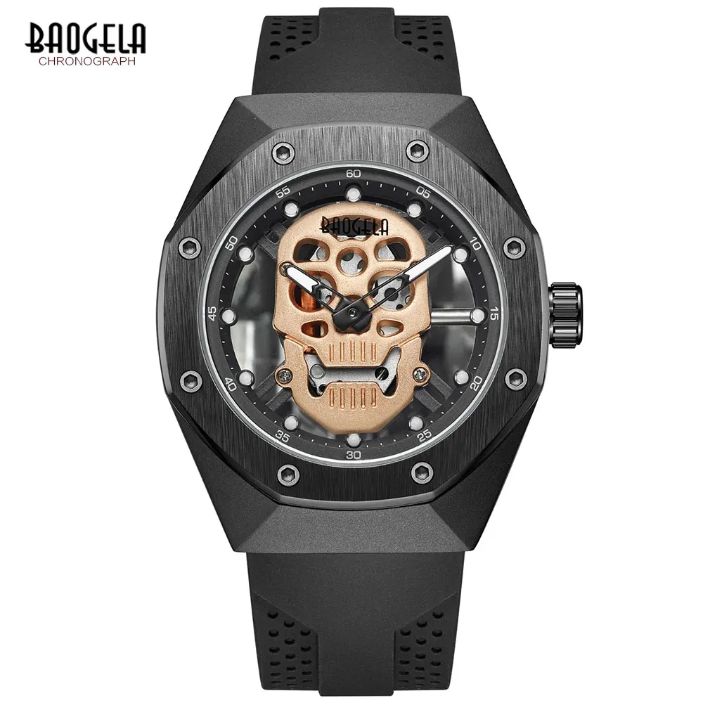 BAOGELA Men's Skull Quartz Watches Luxury Military Sports Wristwatch Male Silicone Skeleton Watch Male Relogios Masculino 1902 - Цвет: B1902G-Black rose