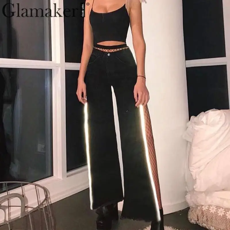 Glamaker черные хлопковые широкие брюки женские элегантные лоскутные брюки с разрезом и высокой талией женские осенние зимние вечерние повседневные сексуальные брюки
