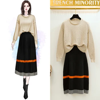 

loose sweater suits knitting port flavor long a-line chic black skirt women two-piece outfit knitwear pullover top warm set