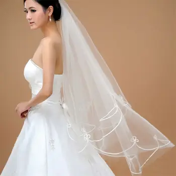 

1.5M One-Layer Women Short Fingertip Length Tulle Wedding Veil Spiral Wavy Satin Ribbon Trim Solid Color Sheer Thin Bridal Veil