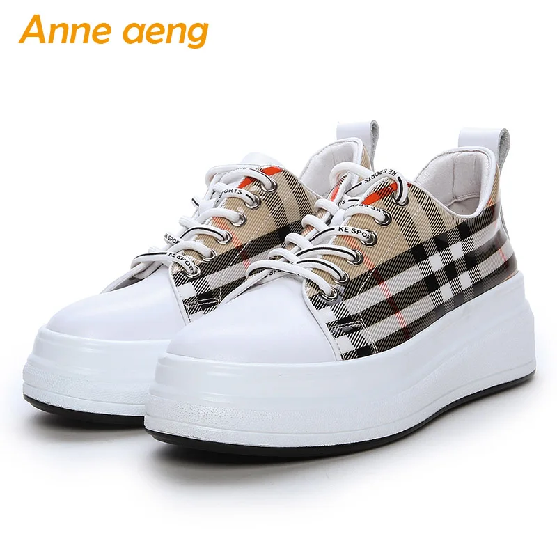 

2019 New Spring/Autumn Genuine Leather Women Pumps Round Heel Lace-Up Solid Casual Women Platform Shoes White Female Pumps