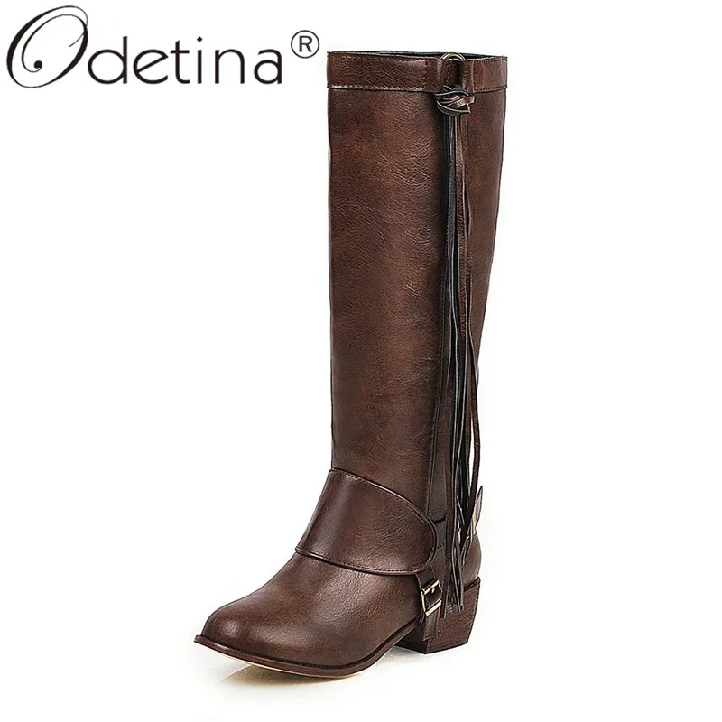 Odetina/женские ботинки для верховой езды на низком каблуке с бахромой модные