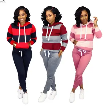 

Womens Tracksuit Set Hoodies Striped Patchwork Sweatshirt & Pockets Pants Suit Sportswear Women Two Piece Outfits Sets
