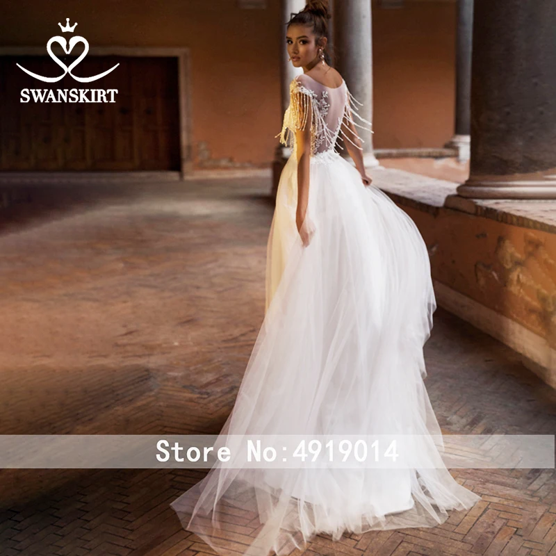 С аппликацией из бисера кружевное свадебное платье Swanskirt пляжное ТРАПЕЦИЕВИДНОЕ иллюзионное платье невесты дизайнерское платье принцессы NY51