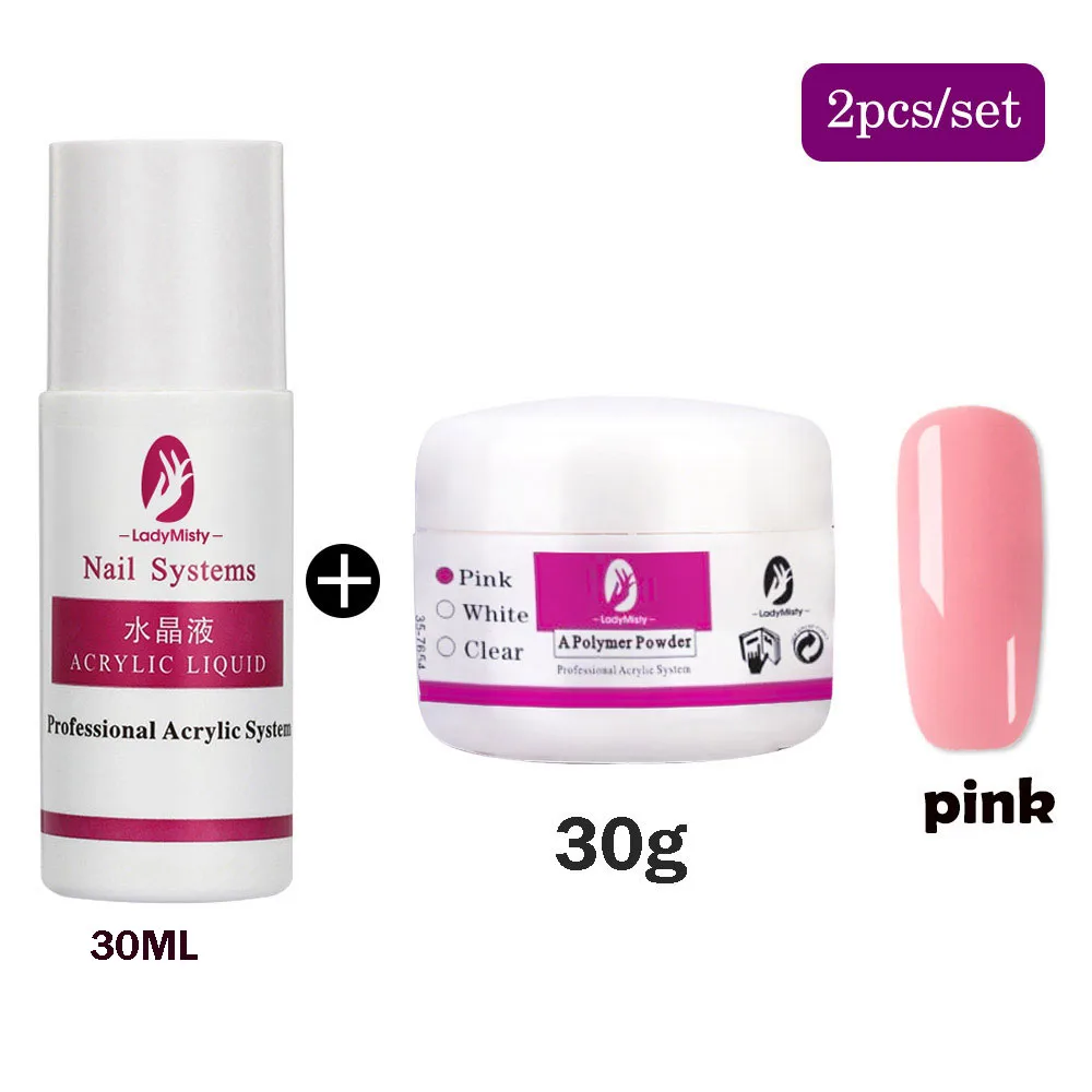 30g pink set LadyMisty акриловую пудру, 3D нейл-арта с украшением в виде кристаллов порошки прозрачный розовый белый резной Кристальный полимера поли удлинитель гель на плюшевой подкладке, решение - Цвет: 30g pink set